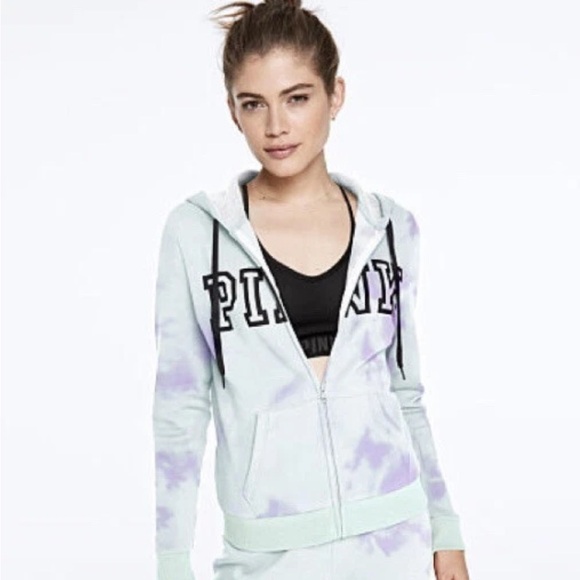 PINK Victoria's Secret Tops - PINK Victoria's Secret Purple Tie-Dye Zip-Up Hoodie Small